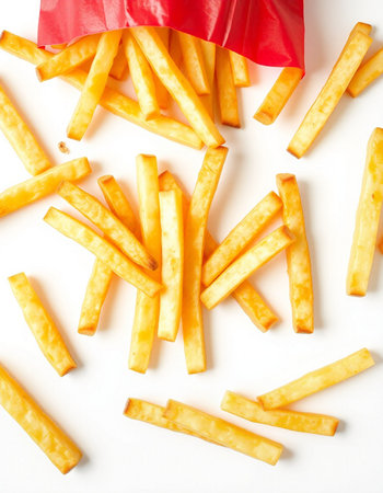 French fries isolated on white background. Top view, flat lay.