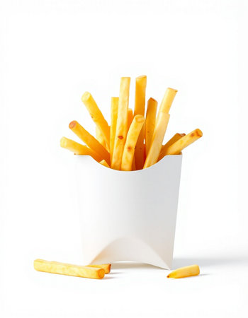 French fries in paper box isolated on white background, clipping path included