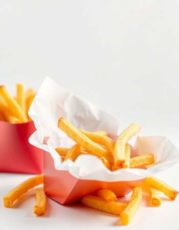 French fries in paper box on white background. Selective focus.の写真素材