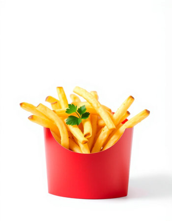 French fries in a red box on a white background. Isolatedの写真素材