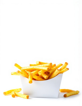 Golden French fries in a white box on a white background, isolated