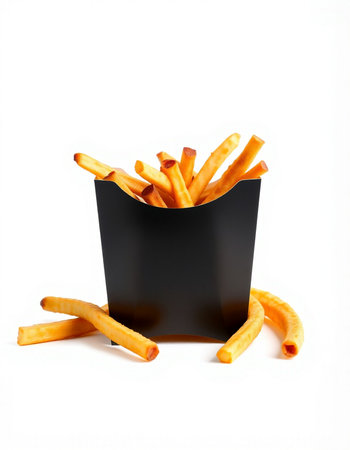 French fries in black box isolated on white background. Selective focus.
