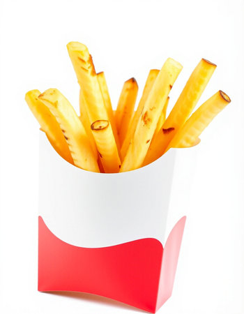 French fries in a paper box on a white background. Isolatedの写真素材