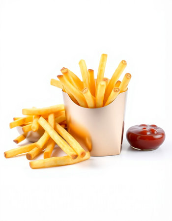 French fries with ketchup isolated on white background. Selective focus.