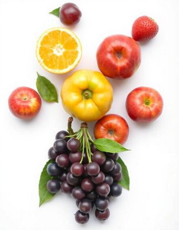 Fruits and vegetables on white background. Healthy eating concept. Top view.