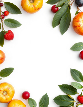 Flat lay composition with fresh fruits and berries on white background. Space for text