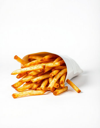 French fries in a paper bag on a white background. Fast food.の写真素材