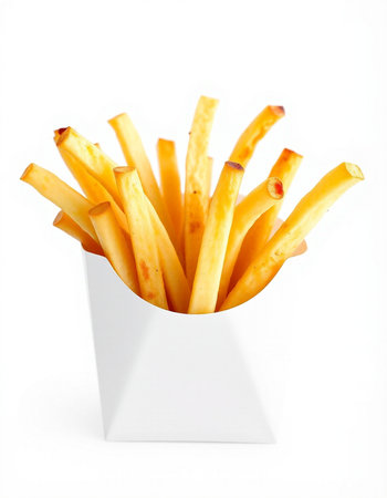 French fries in a white box on a white background. Isolated