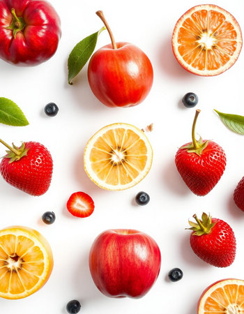 Fruits and berries on white background. Flat lay, top viewの写真素材
