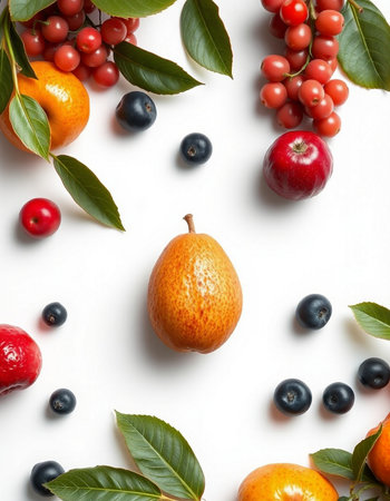 Fruits and berries on white background. Top view, flat lay