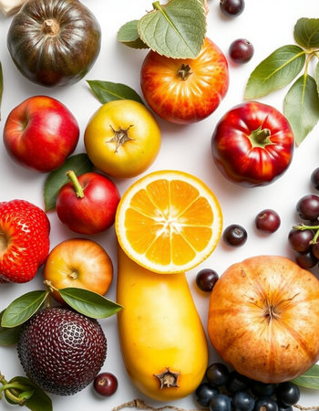 Fruits and vegetables on a white background. Top view, flat lay
