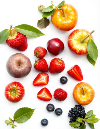Fruits and berries isolated on white background. Flat lay, top viewの写真素材