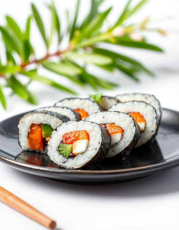 Sushi roll with salmon, cucumber and cream cheese served on black plateの写真素材