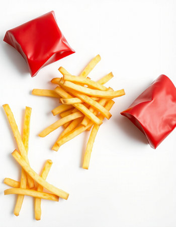 French fries on a white background, top view, close-upの写真素材