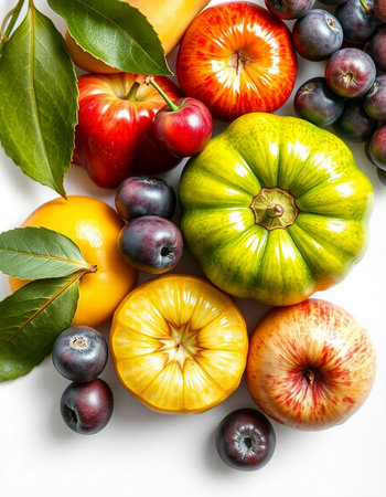Fruits and vegetables on a white background. View from above.