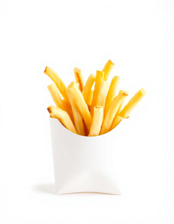 French fries in a white box on a white background. Isolated