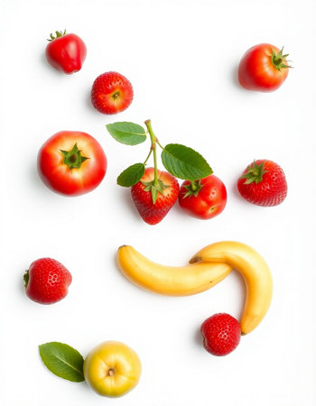 Strawberries, bananas, apples and strawberries on a white background