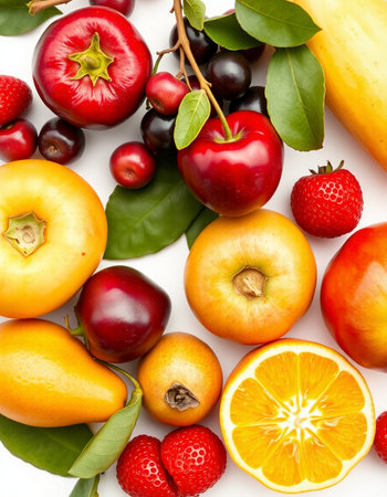 Fruits and berries on a white background. Flat lay, top viewの写真素材