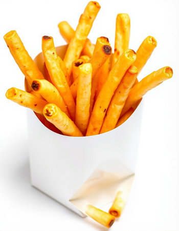 Crispy breadsticks in a paper box on a white background
