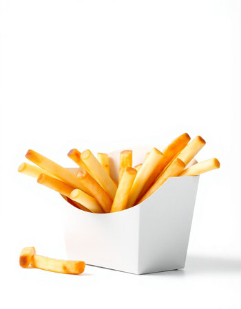 French fries in white box isolated on white background, clipping path included