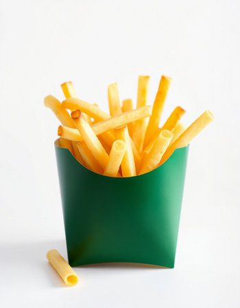 French fries in a green box on a white background. Close-up.
