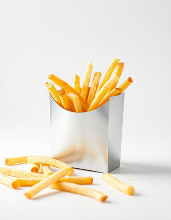 Golden French fries in silver box on white background, shallow depth of field