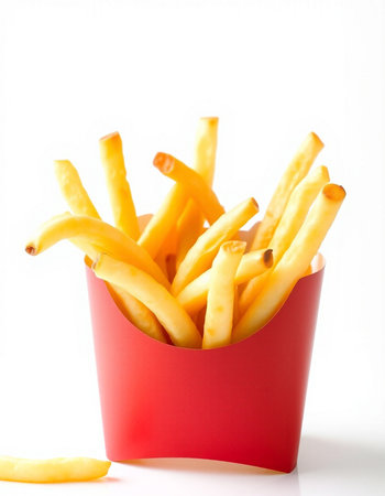 French fries in a red box isolated on white background, shallow depth of field
