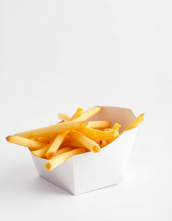 French fries in a white box on a white background. Copy space