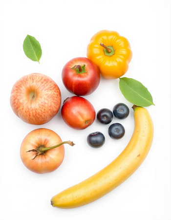 Fruits and vegetables isolated on white background. Healthy food concept.の写真素材