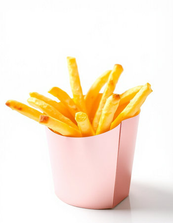 French fries in a pink box isolated on white background. Selective focus.