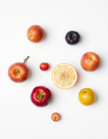 Fruits and vegetables on white background. Flat lay, top viewの写真素材
