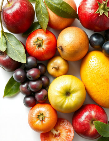 Fruits and vegetables isolated on a white background. Top view.の写真素材
