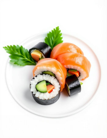 Sushi on a white plate. Isolated on a white background.の写真素材