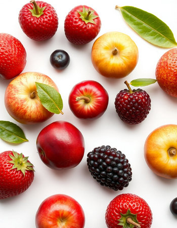 Fruit background with strawberries, blackberries, raspberriescots and apples