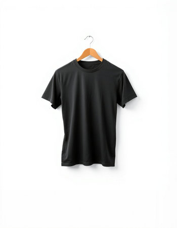 Black t-shirt on a hanger isolated on a white backgroundの写真素材