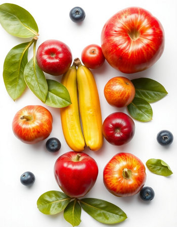 Fruits and berries on white background. Flat lay, top view