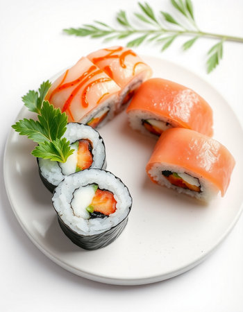 Sushi rolls on a white plate, close-up, vertical