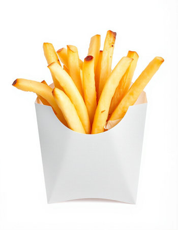 French fries in paper box isolated on white background with clipping path.
