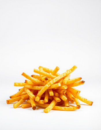 Pile of potato sticks isolated on white background. Selective focus.の写真素材