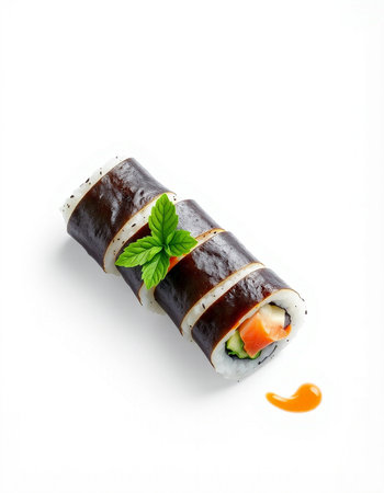 Sushi roll with salmon, cream cheese and cucumber on white backgroundの写真素材