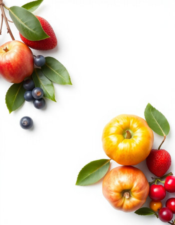 Fruits and berries on a white background. Flat lay, top view