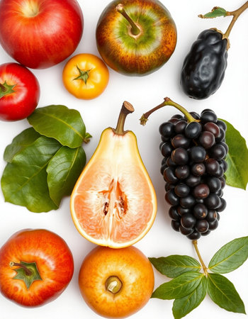 Fruits and vegetables isolated on white background. Flat lay, top viewの写真素材