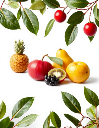 Fruits and leaves isolated on a white background. Healthy food concept.の写真素材