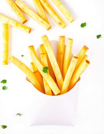 close up of french fries in paper box and parsley on white background