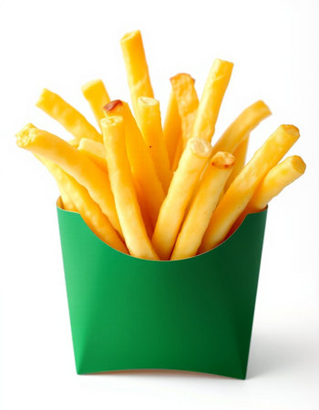 French fries in a green box on a white background, close-up
