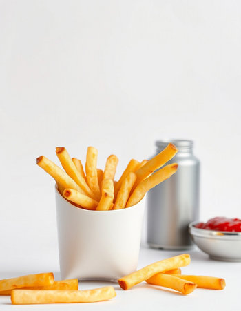 French fries in a white cup on a white background. Selective focus.の写真素材