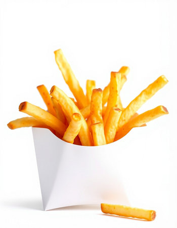French fries in a white box on a white background. Isolated