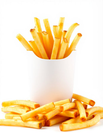 French fries in a white paper cup on a white background, isolated