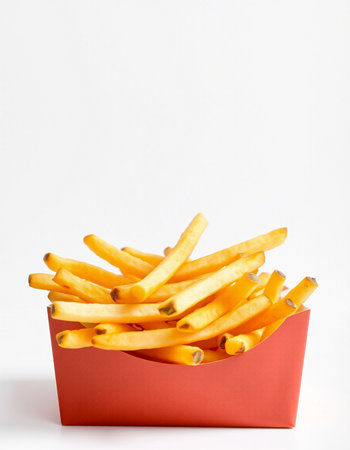 French fries in a red box on a white background, close-upの写真素材