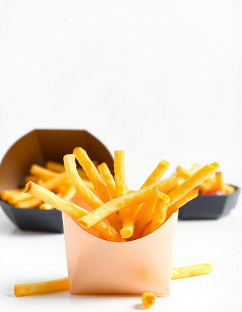 French fries in a paper box on a white background. Selective focus.